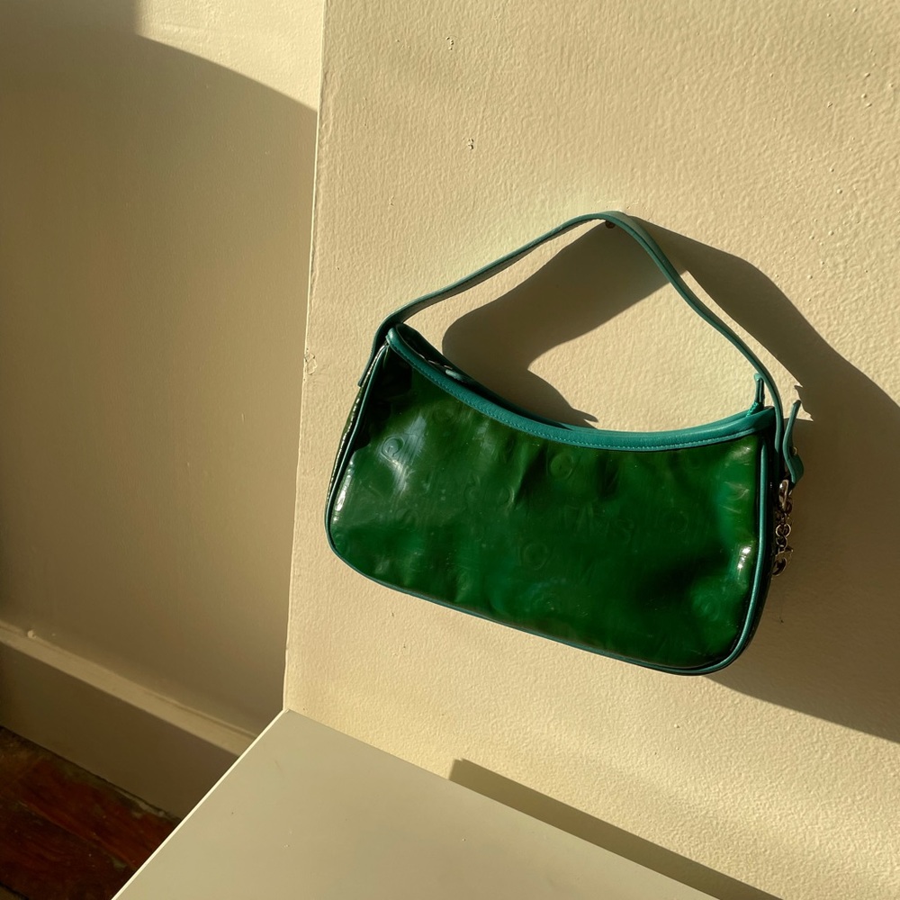 SOLD Authentic HTF Ferragamo turquoise leather trim pouchette - Picture 2 of 11